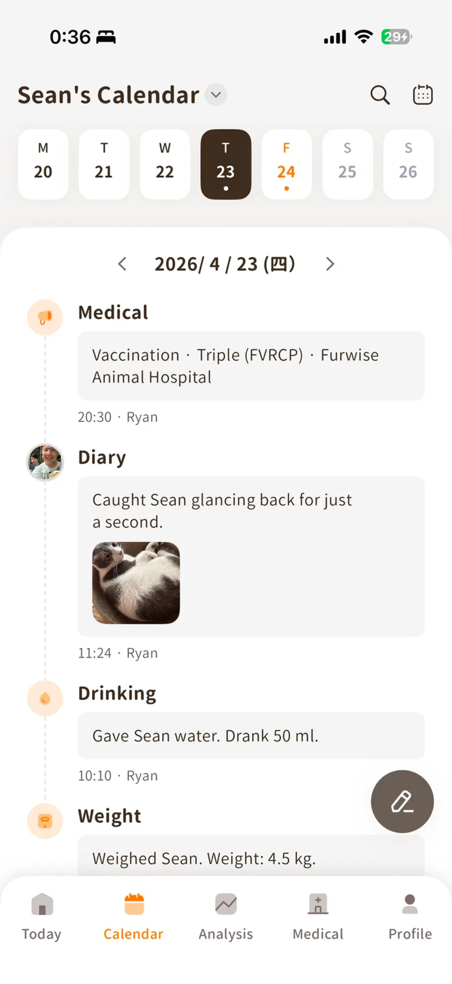 Furwise cat health tracker dashboard showing medication plan, feeding and drinking records for a multi-cat family