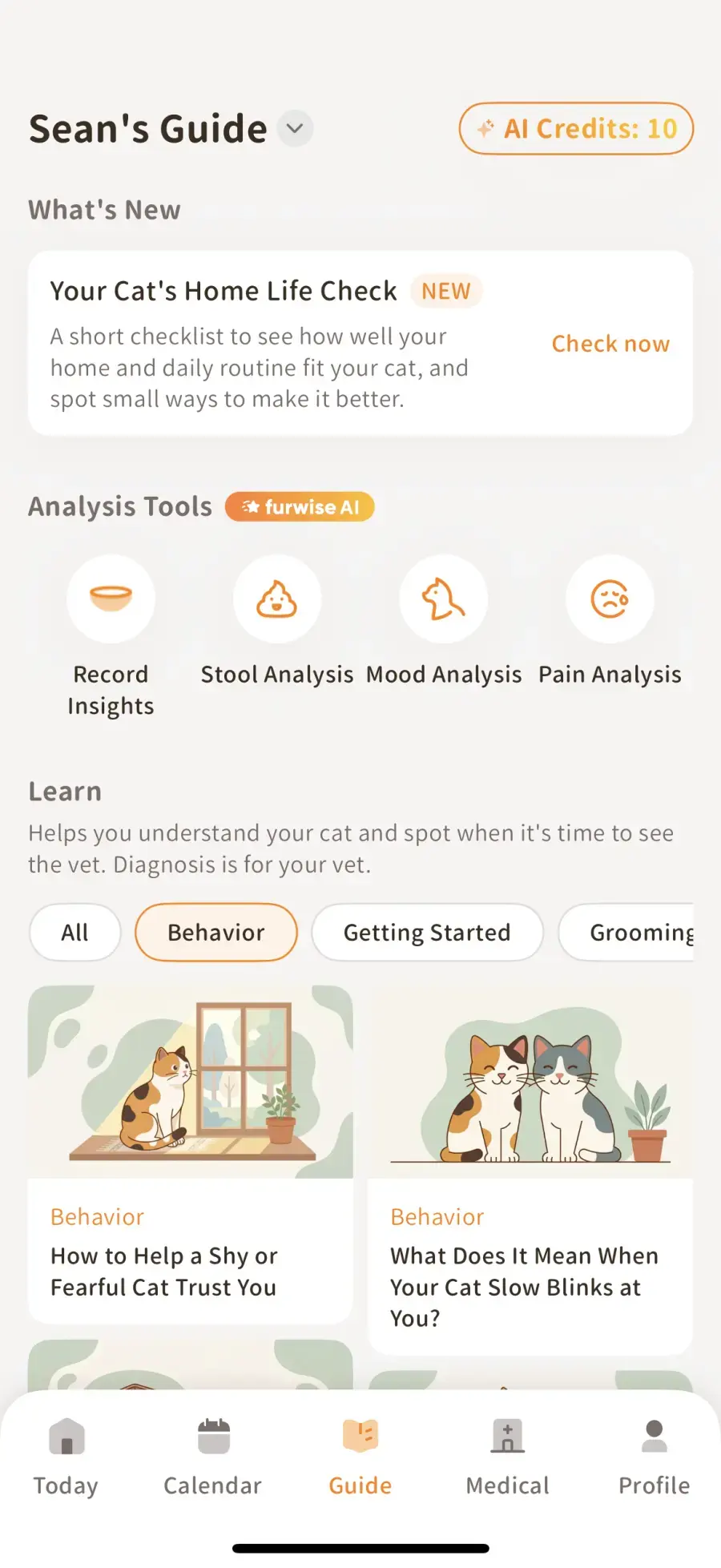 Furwise app Guide screen: cat-care articles by category and analysis tools