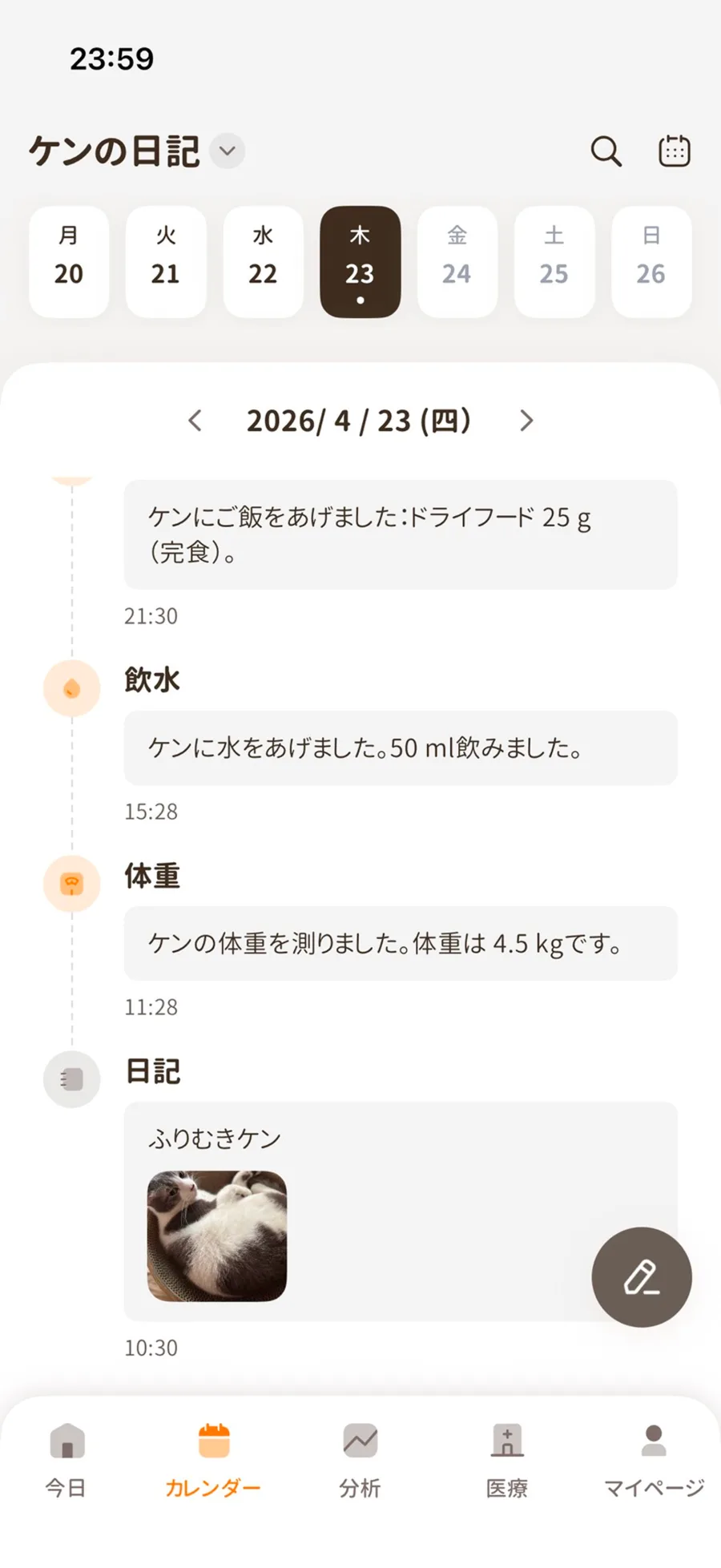 Furwise 猫の健康手帳アプリのトップ画面：多頭飼い家族のための投薬プランと食事・飲水記録
